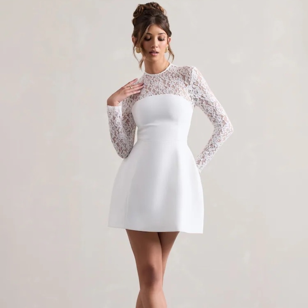 Club L London White Long Sleeve Lace Bodice Mini Dress